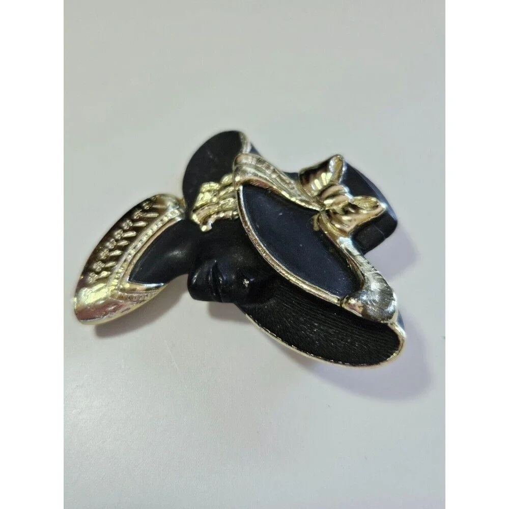 Torino gold tone black matte brooch silhouette vintage hat fancy